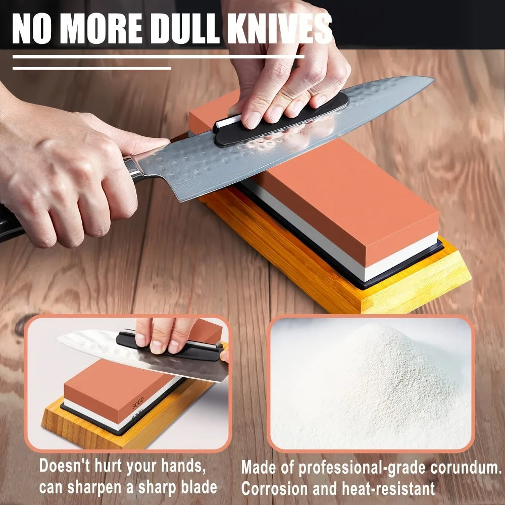 Knife Sharpening Whetstones Set With Bamboo Base 400/1000/3000/8000 Grit