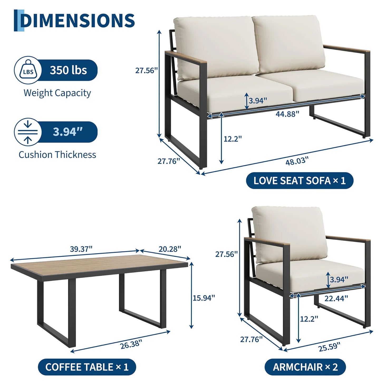 HobbyLane Modern Four Piece Patio Furniture Set With Coffee Table