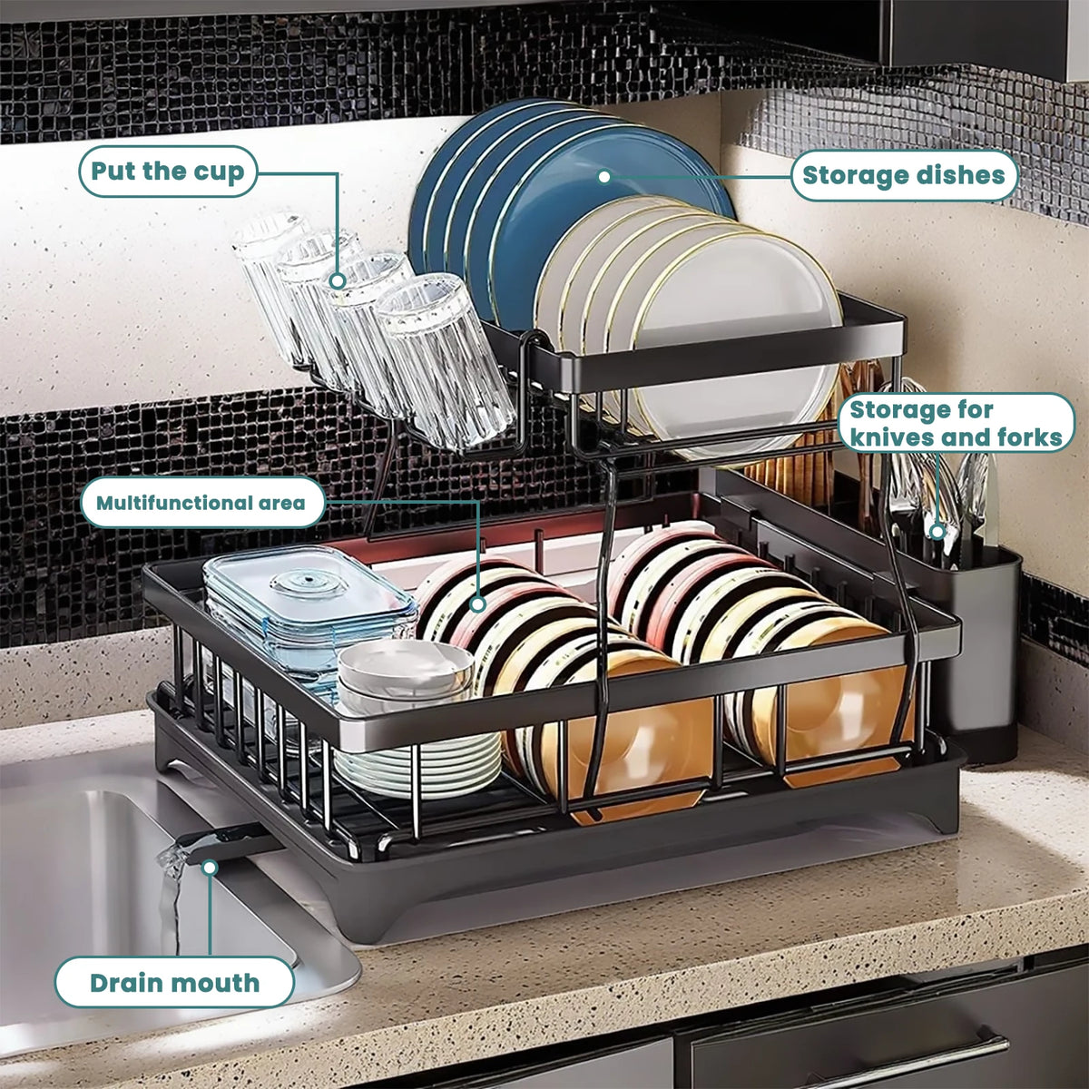 Two Tier Metal Dish Drying Rack For Kitchen Countertops Removable