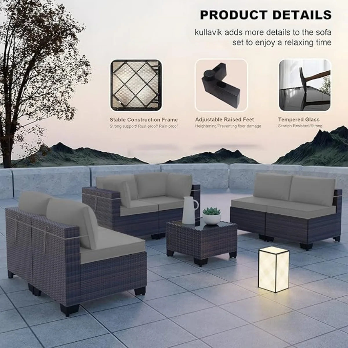 XIUWO 7 Piece Outdoor Patio Furniture Set Rattan Sectional Sofa Coffee Table